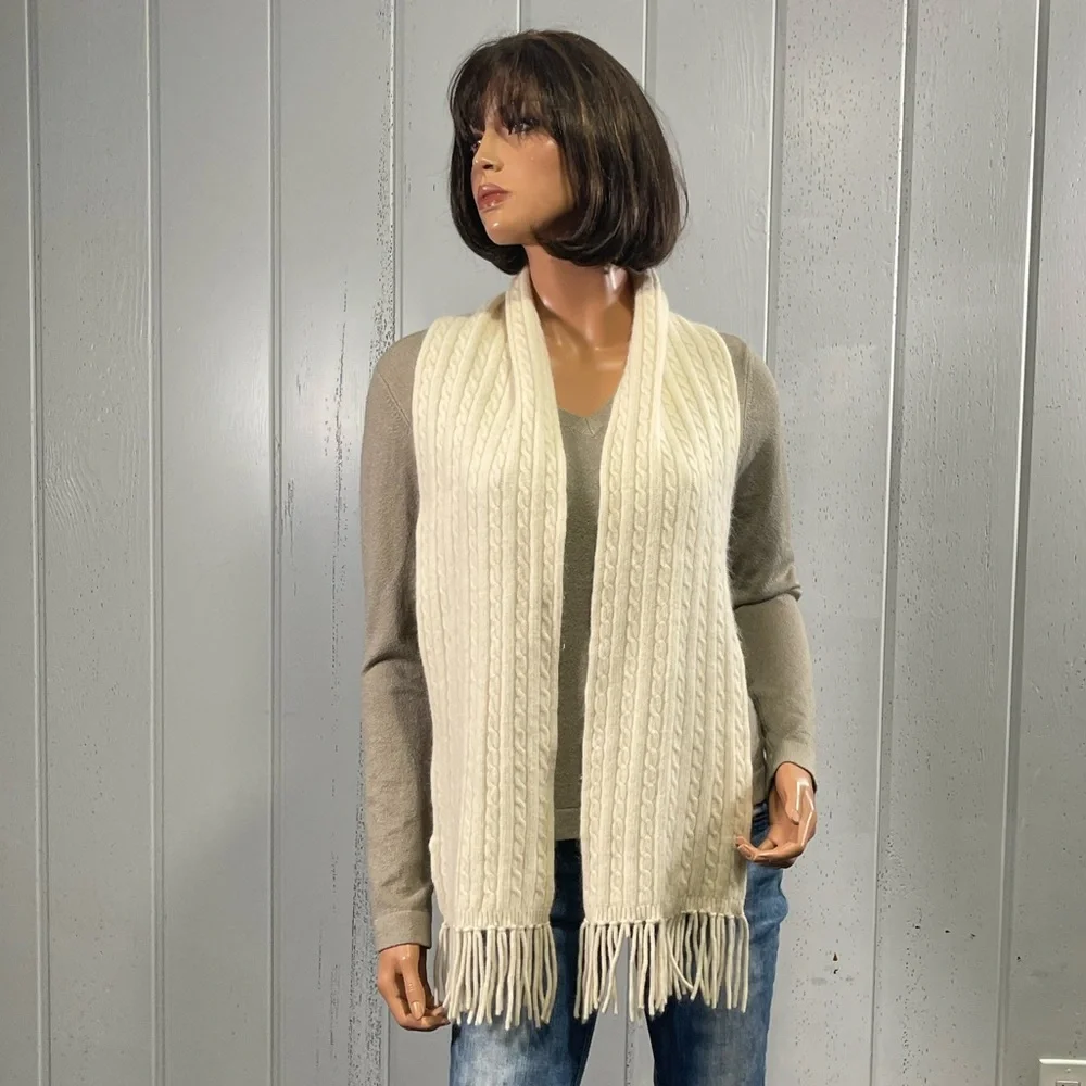 *Casual Corner Women's Cream Cable Knit Scarf with Fringes